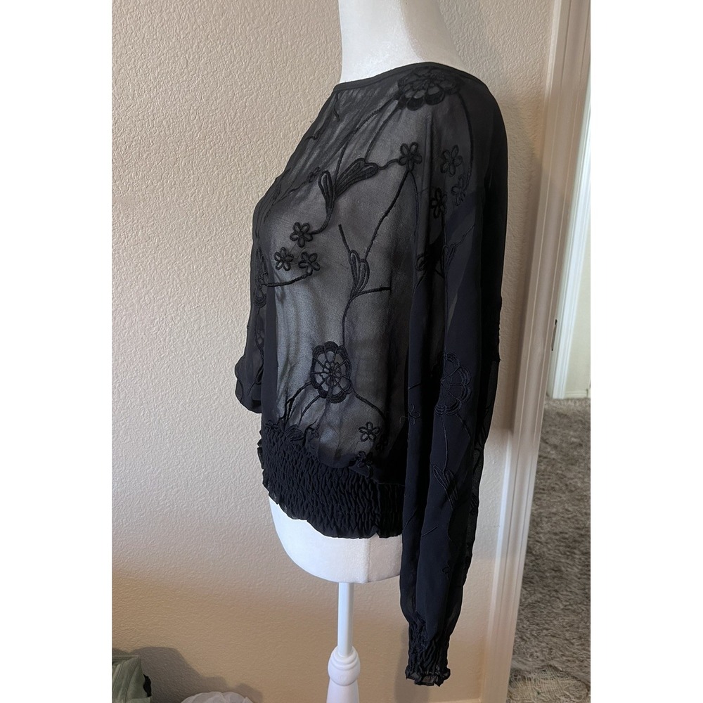 Vintage Y2K Angie Black Sheer Floral Open Back Long Sleeve Blouse Whimsygoth Med - Picture 4 of 5